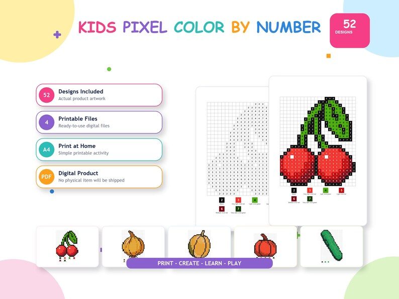 Fruit color by number pixel art pack cover